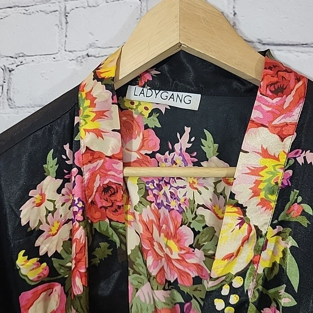 Vintage Ladygang Floral Kimono Silky Polyester Robe Black Tie Sz S Glam Mob Wife